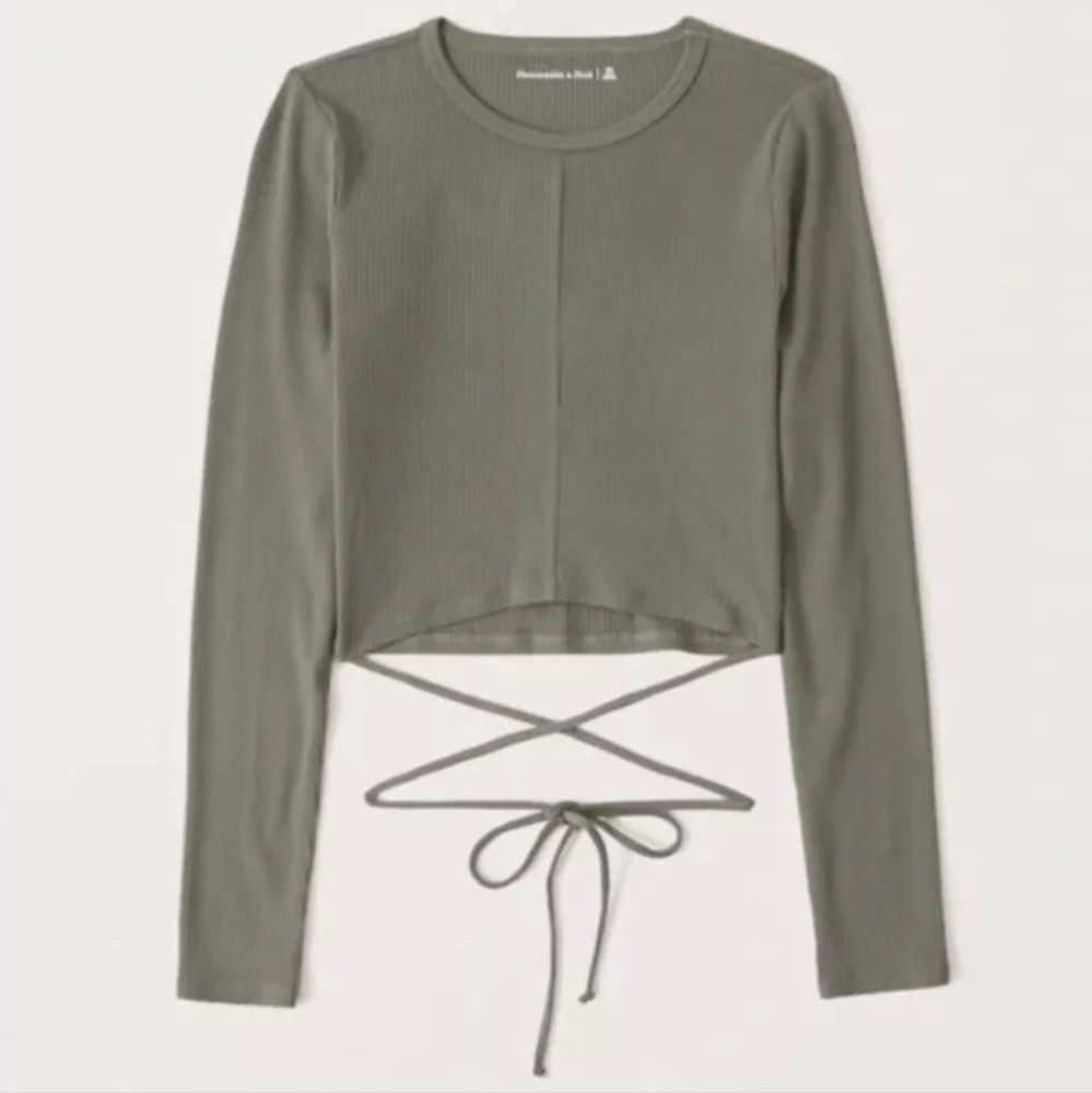 Abercrombie & Fitch Green Ribbed Tie Waist Cropped Longsleeve Size L